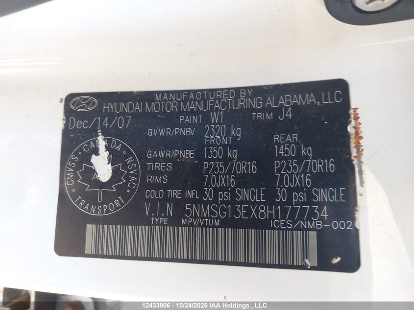 2008 Hyundai Santa Fe VIN: 5NMSG13EX8H177734 Lot: 12433906