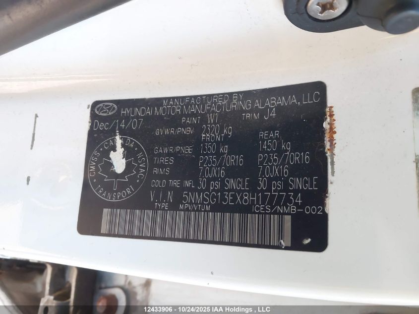 2008 Hyundai Santa Fe VIN: 5NMSG13EX8H177734 Lot: 12433906