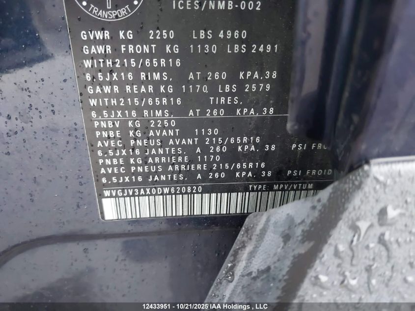 2013 Volkswagen Tiguan S/Se/Sel VIN: WVGJV3AX0DW620820 Lot: 12433951