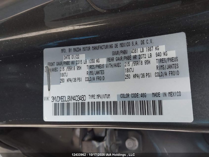 2022 Mazda Cx-30 Premium VIN: 3MVDMBDL8NM403460 Lot: 12433962