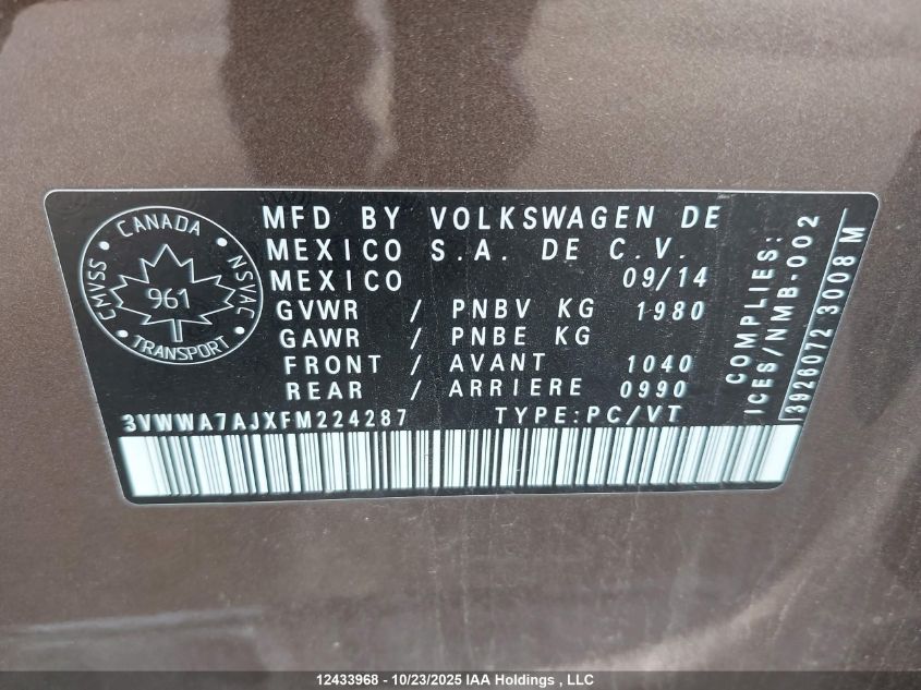 2015 Volkswagen Jetta 2.0 Tdi Comfortline VIN: 3VWWA7AJXFM224287 Lot: 12433968