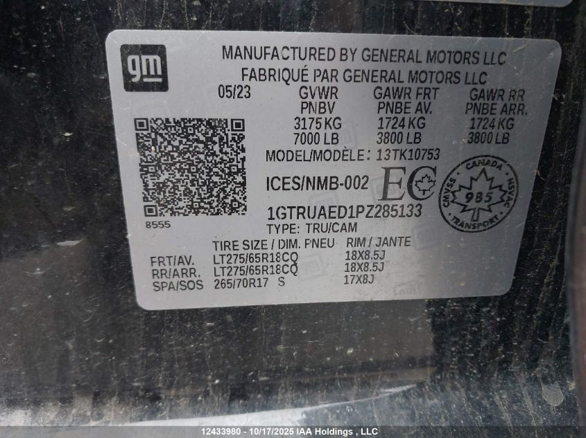 2023 GMC Sierra K1500 VIN: 1GTRUAED1PZ285133 Lot: 12433980