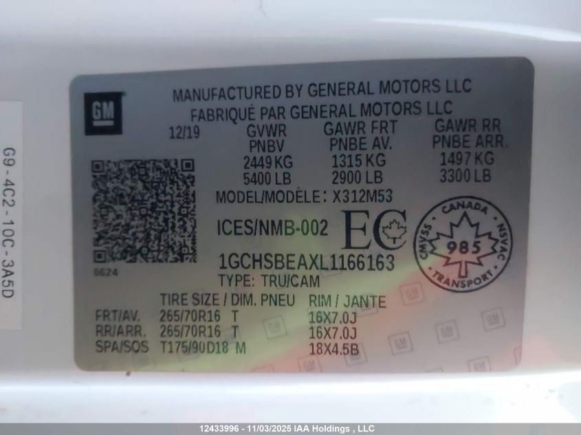 2020 Chevrolet Colorado VIN: 1GCHSBEAXL1166163 Lot: 12433996