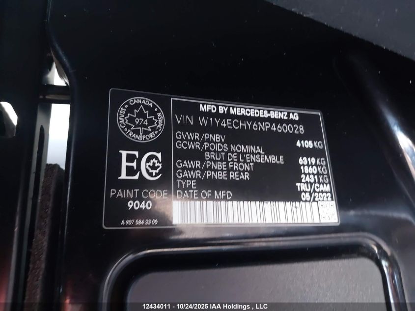 2022 Mercedes-Benz Sprinter 4500 Standard Roof V6 VIN: W1Y4ECHY6NP460028 Lot: 12434011