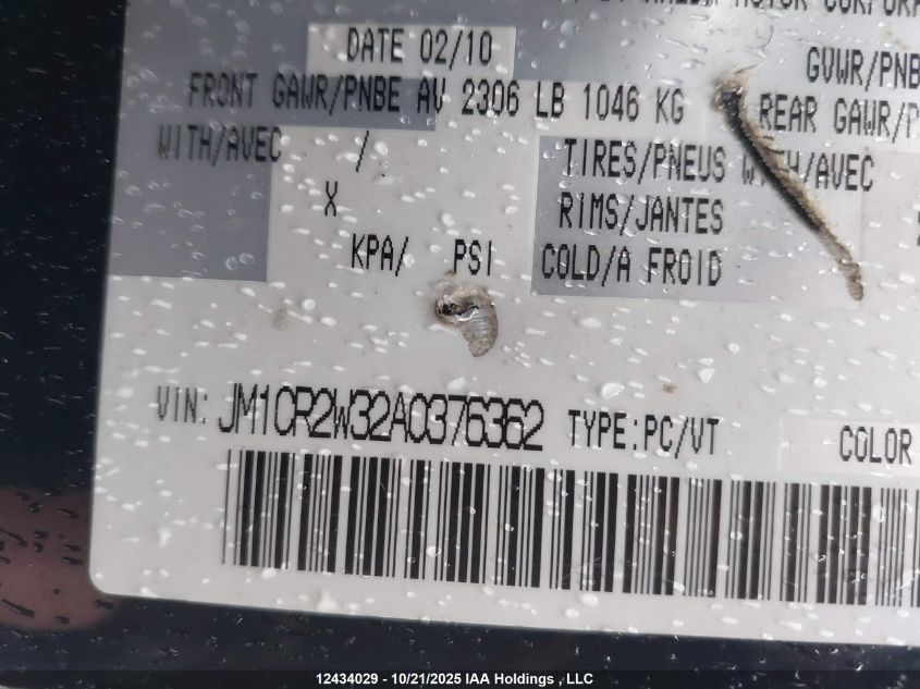 2010 Mazda 5 VIN: JM1CR2W32A0376362 Lot: 12434029