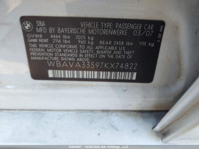 2007 BMW 328I VIN: WBAVA33597KX74822 Lot: 12434047