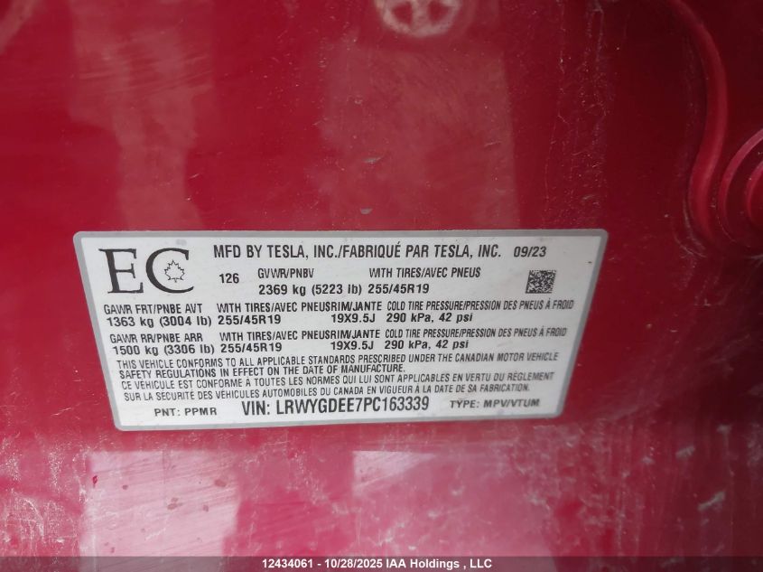 2023 Tesla Model Y Long Range VIN: LRWYGDEE7PC163339 Lot: 12434061