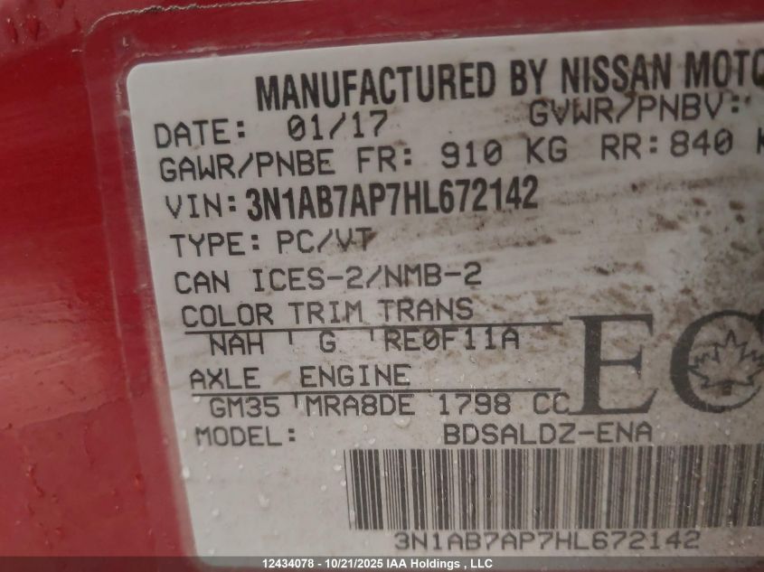 2017 Nissan Sentra 1.8 S/1.8 Sl/1.8 Sv VIN: 3N1AB7AP7HL672142 Lot: 12434078