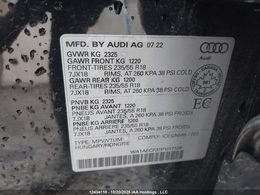 2023 Audi Q3 Komfort 45 VIN: WA1AECF37P1017126 Lot: 12434110
