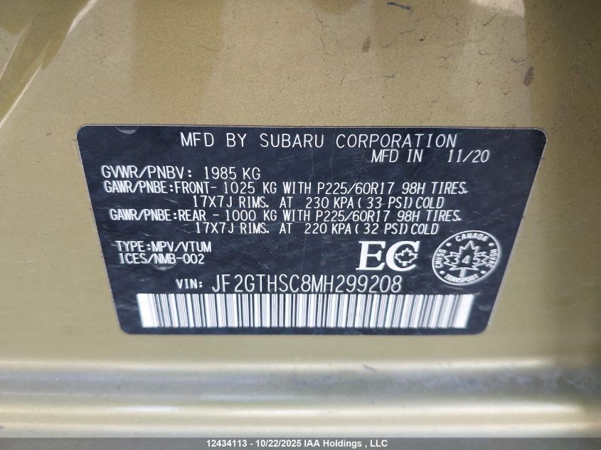 2021 Subaru Crosstrek Outdoor VIN: JF2GTHSC8MH299208 Lot: 12434113