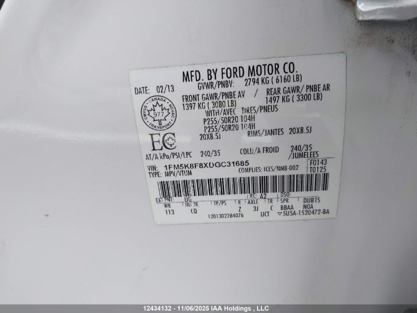 2013 Ford Explorer Limited VIN: 1FM5K8F8XDGC31685 Lot: 12434132