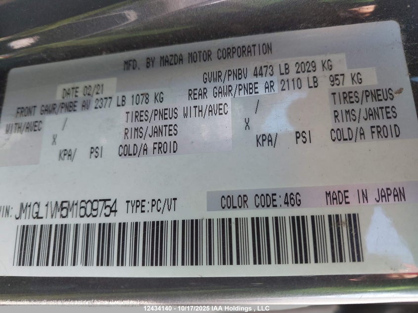 2021 Mazda Mazda6 Gs-L VIN: JM1GL1VM5M1609754 Lot: 12434140