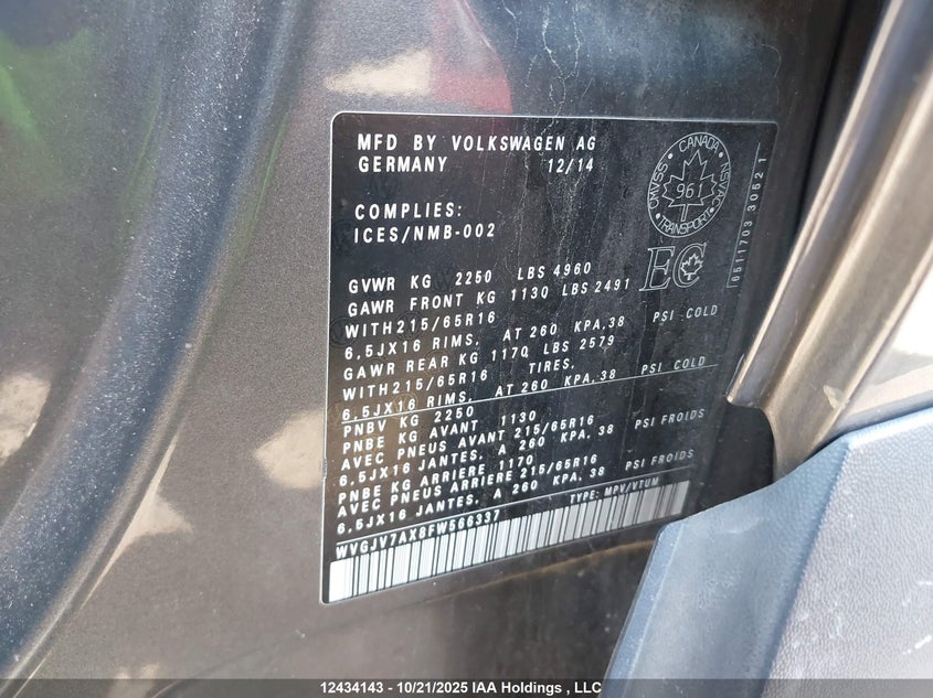WVGJV7AX8FW566337 2015 VOLKSWAGEN TIGUAN photo no. 9
