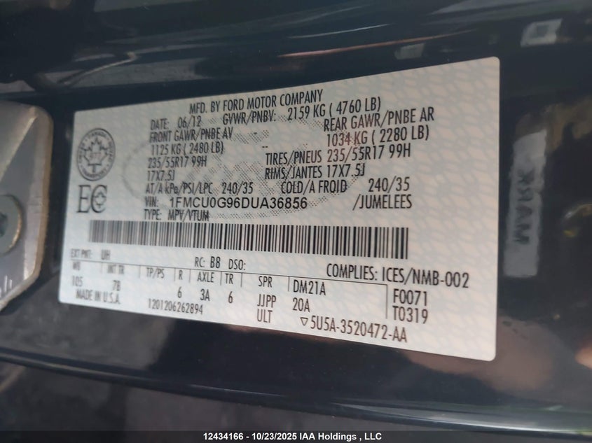 1FMCU0G96DUA36856 2013 FORD ESCAPE photo no. 9