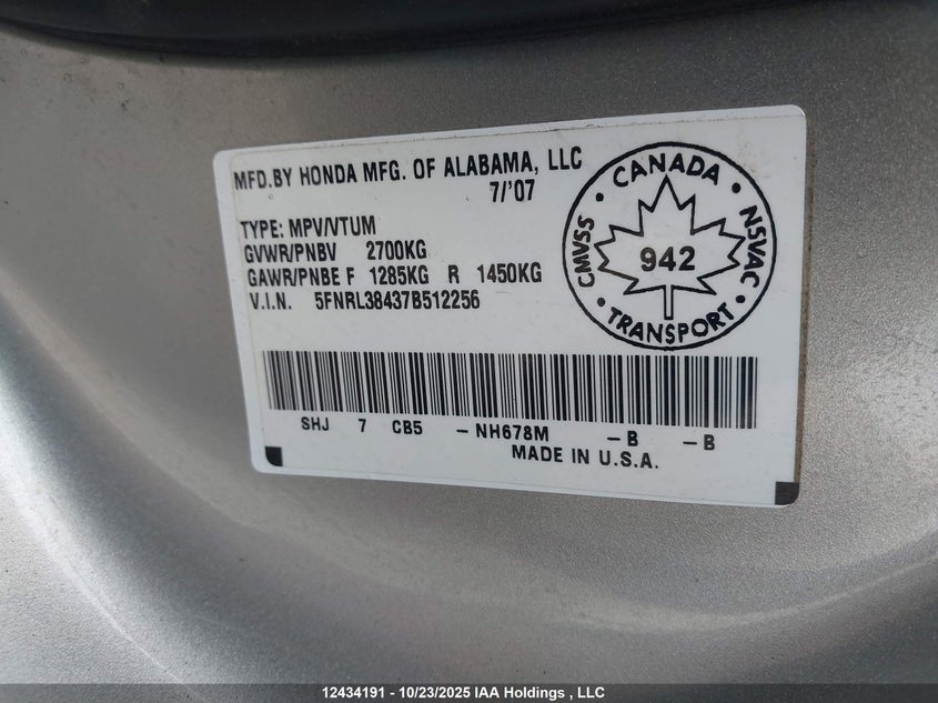 5FNRL38437B512256 2007 HONDA ODYSSEY photo no. 9