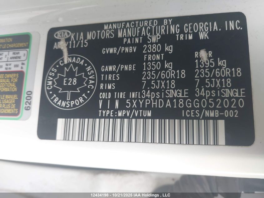 2016 Kia Sorento Ex VIN: 5XYPHDA18GG052020 Lot: 12434198