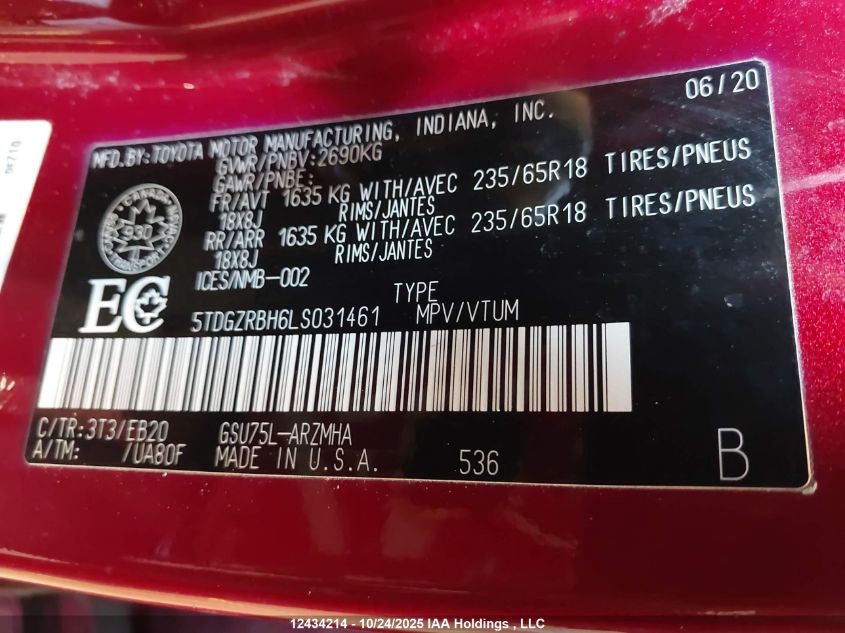 2020 Toyota Highlander Xle VIN: 5TDGZRBH6LS031461 Lot: 12434214