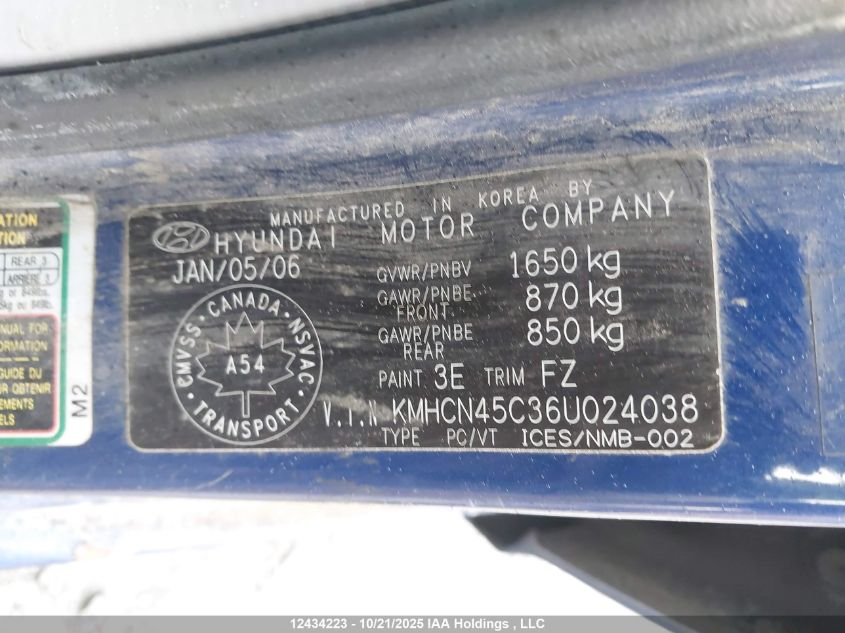 2006 Hyundai Accent Gls VIN: KMHCN45C36U024038 Lot: 12434223