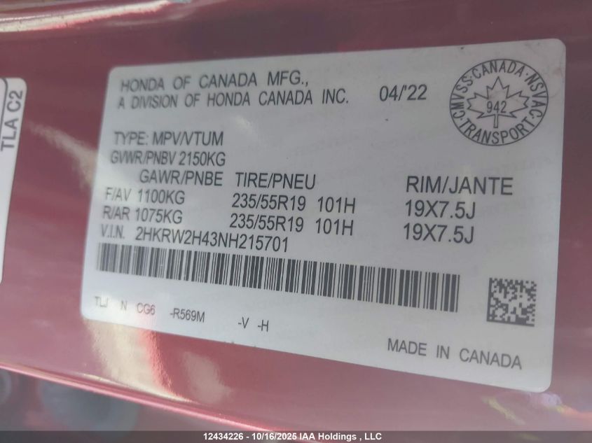 2022 Honda Cr-V VIN: 2HKRW2H43NH215701 Lot: 12434226