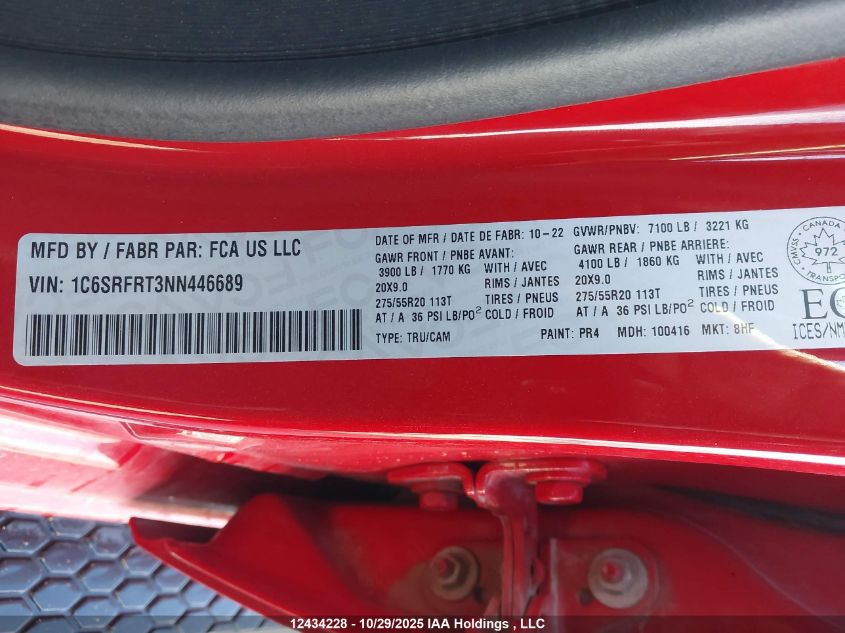 2022 Ram 1500 Laramie VIN: 1C6SRFRT3NN446689 Lot: 12434228