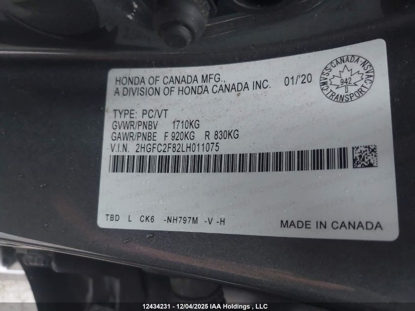 2020 Honda Civic Sport VIN: 2HGFC2F82LH011075 Lot: 12434231
