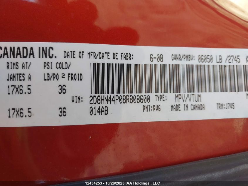 2008 Dodge Grand Caravan Se VIN: 2D8HN44P08R808600 Lot: 12434253