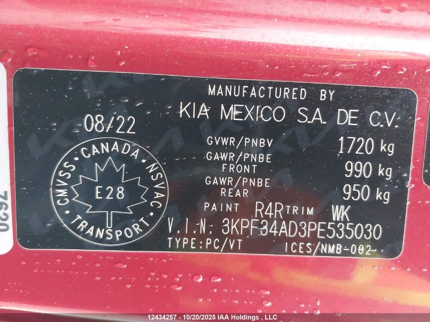 2023 Kia Forte VIN: 3KPF34AD3PE535030 Lot: 12434257