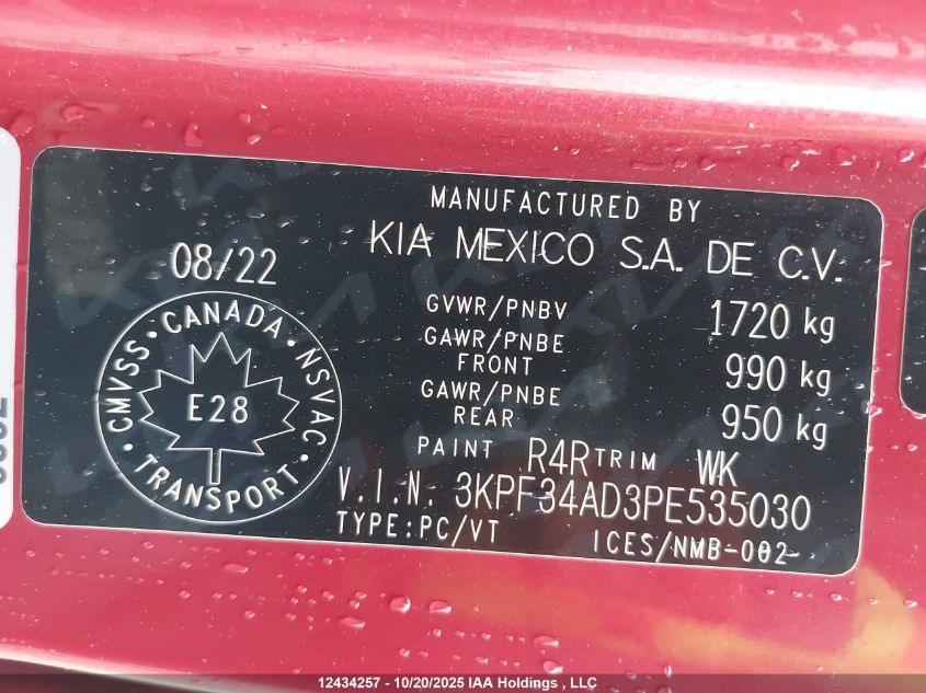 2023 Kia Forte VIN: 3KPF34AD3PE535030 Lot: 12434257