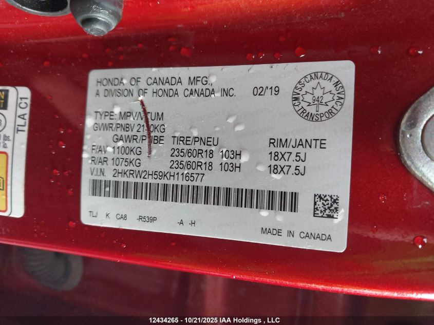 2019 Honda Cr-V VIN: 2HKRW2H59KH116577 Lot: 12434265