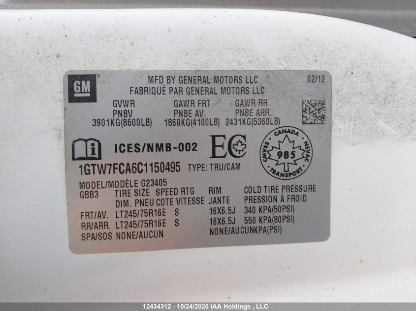 2012 GMC Savana G2500 VIN: 1GTW7FCA6C1150495 Lot: 12434312