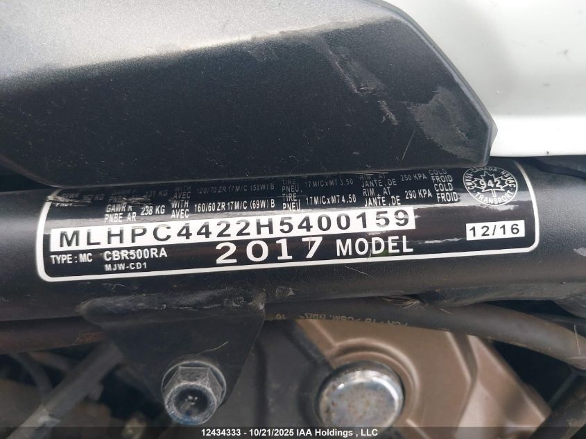 2017 Honda Cbr500 Ra-Abs VIN: MLHPC4422H5400159 Lot: 12434333