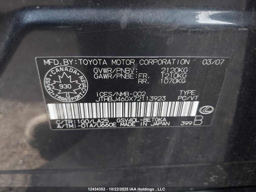 2007 Lexus Es 350 350 VIN: JTHBJ46GX72113923 Lot: 12434352