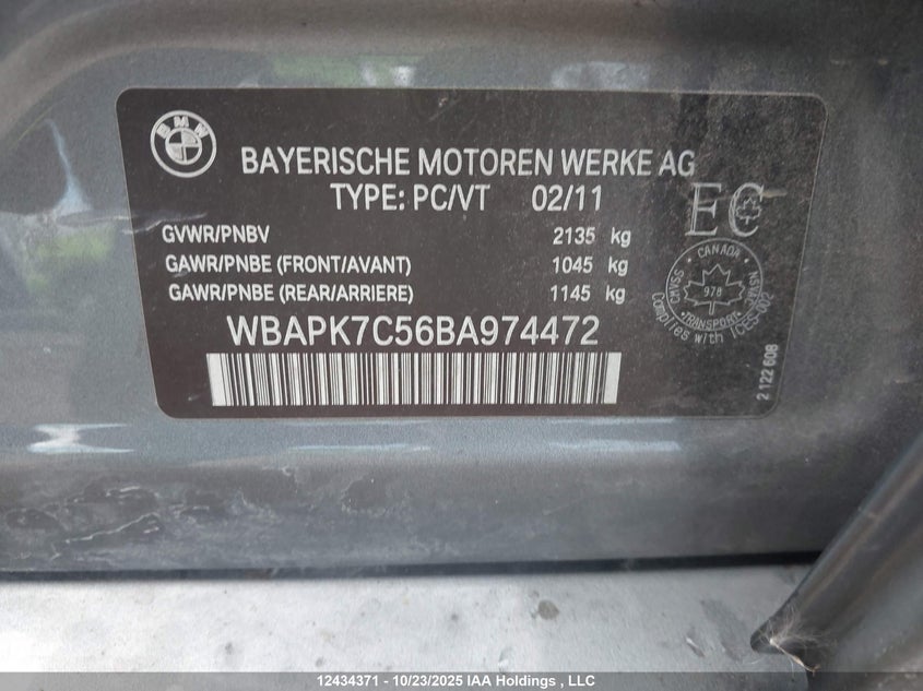 2011 BMW 328 Xi VIN: WBAPK7C56BA974472 Lot: 12434371