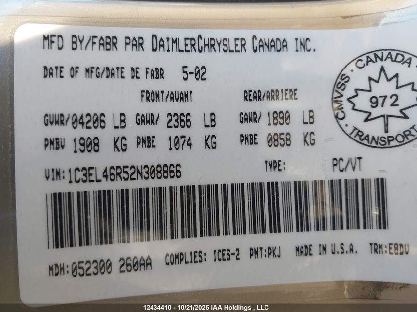 2002 Chrysler Sebring Lx VIN: 1C3EL46R52N308866 Lot: 12434410