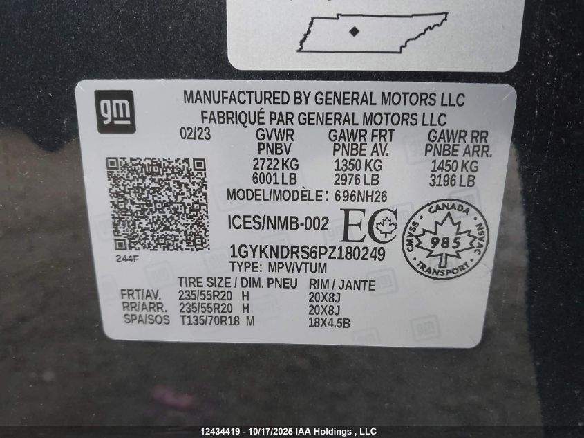 2023 Cadillac Xt5 Premium Luxury VIN: 1GYKNDRS6PZ180249 Lot: 12434419