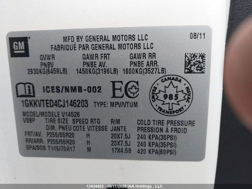 2012 GMC Acadia Denali VIN: 1GKKVTED4CJ146203 Lot: 12434423