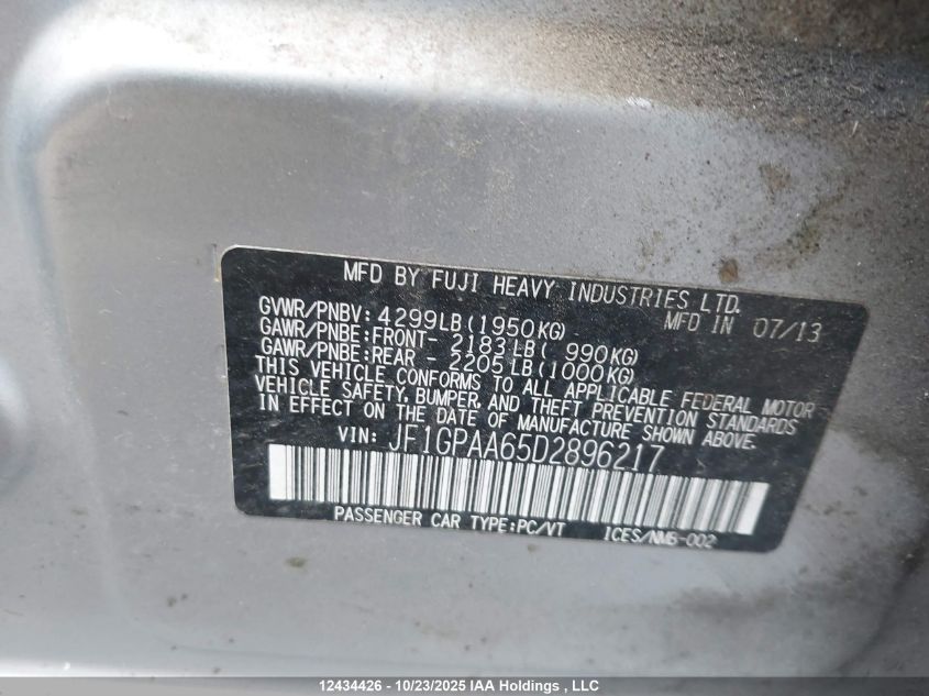 2013 Subaru Impreza VIN: JF1GPAA65D2896217 Lot: 12434426