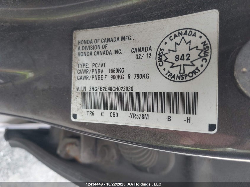 2HGFB2E48CH023930 2012 HONDA CIVIC photo no. 9
