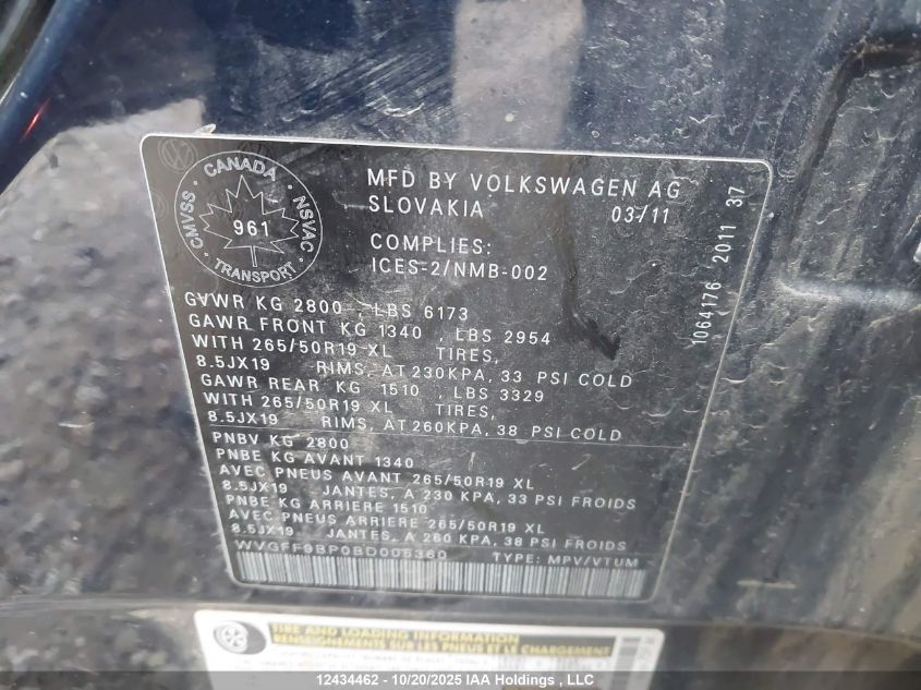 2011 Volkswagen Touareg 3.6L Comfortline/3.6L Execline/3.6L Highline VIN: WVGFF9BP0BD005360 Lot: 12434462