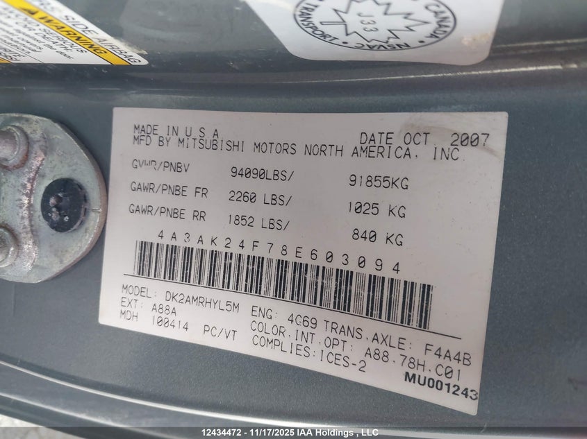 2008 Mitsubishi Eclipse Gs VIN: 4A3AK24F78E603094 Lot: 12434472