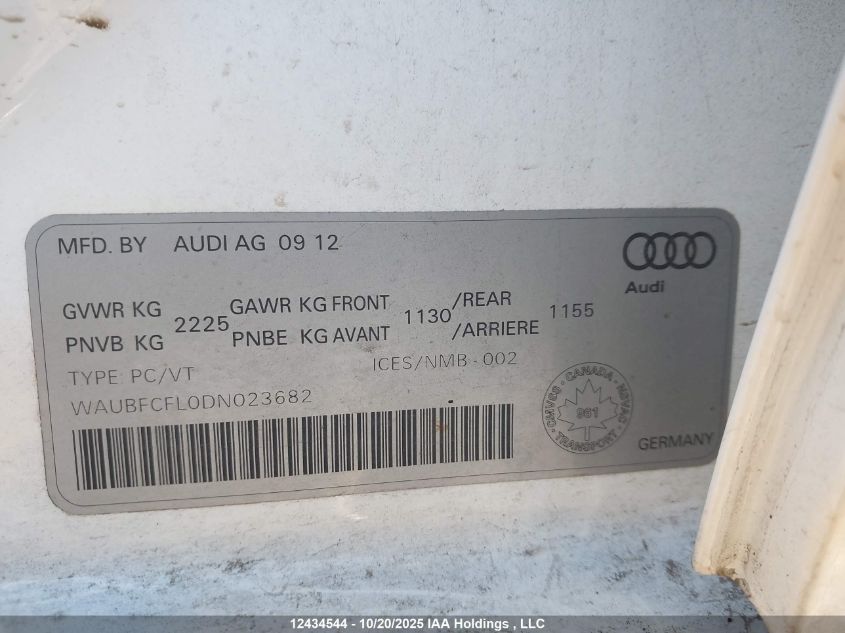 2013 Audi A4 Premium VIN: WAUBFCFL0DN023682 Lot: 12434544