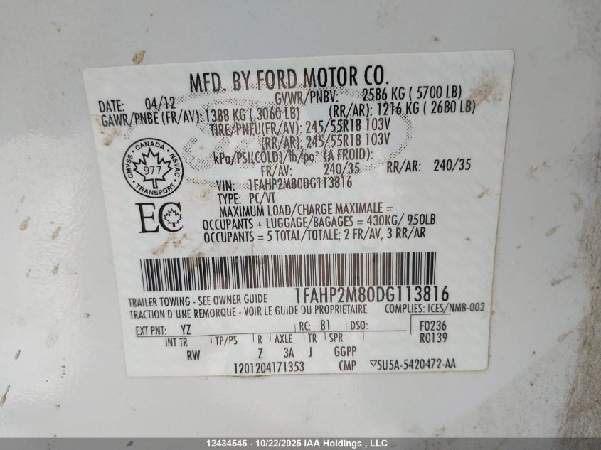 2013 Ford Taurus Police Interceptor VIN: 1FAHP2M80DG113816 Lot: 12434545