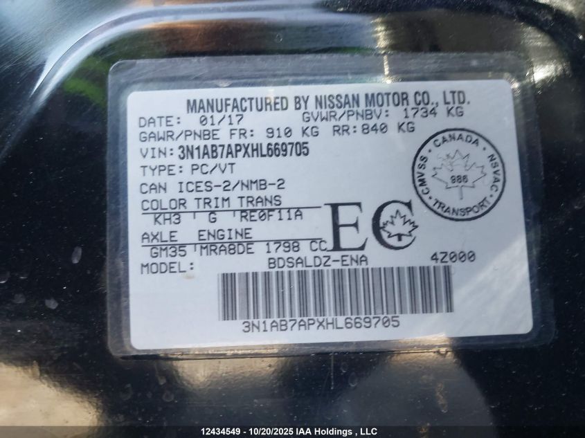 2017 Nissan Sentra S/Sv/Sr/Sl VIN: 3N1AB7APXHL669705 Lot: 12434549