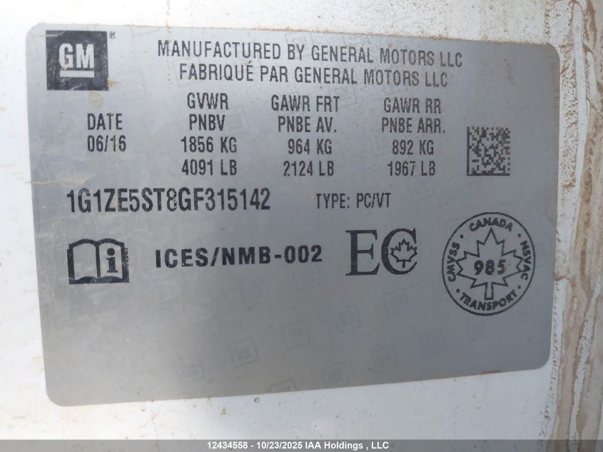 2016 Chevrolet Malibu Lt VIN: 1G1ZE5ST8GF315142 Lot: 12434558