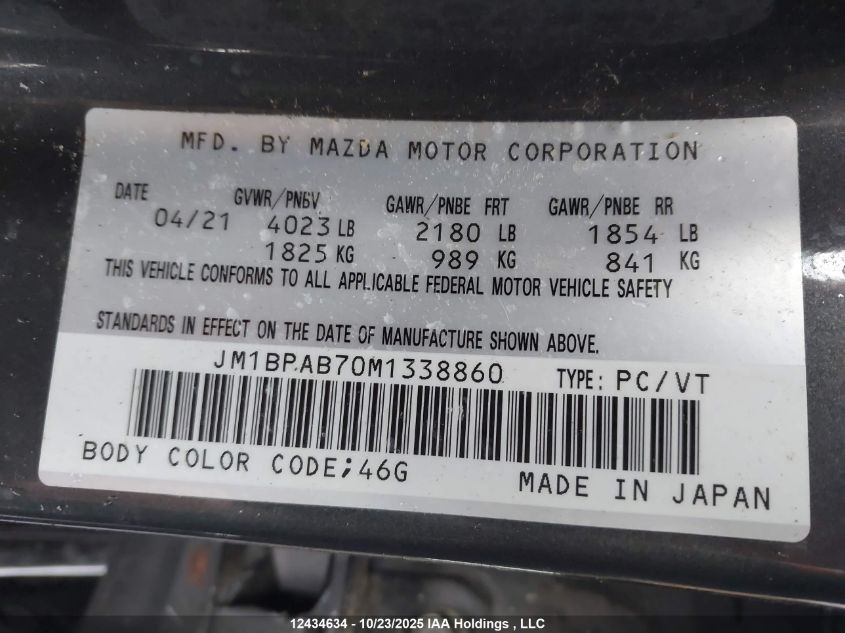 2021 Mazda Mazda3 VIN: JM1BPAB70M1338860 Lot: 12434634