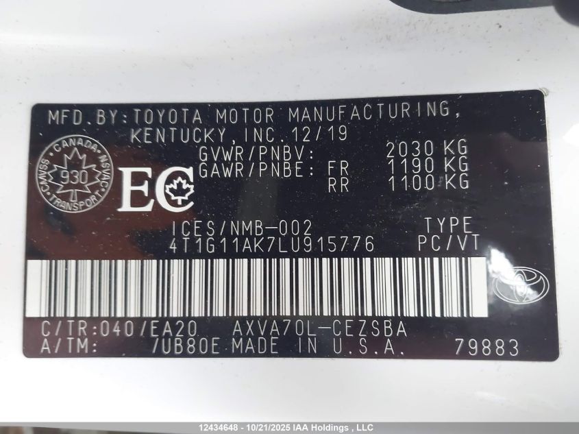 2020 Toyota Camry VIN: 4T1G11AK7LU915776 Lot: 12434648