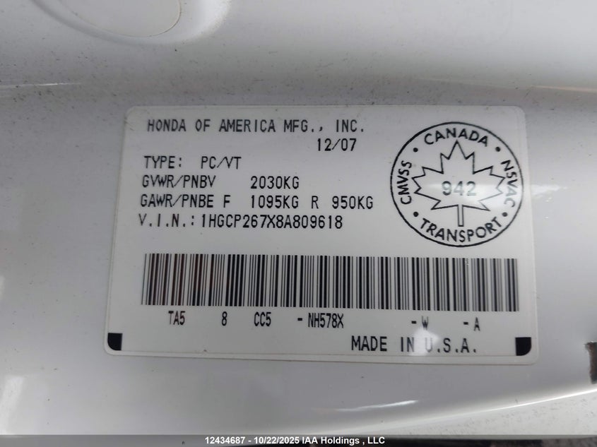 1HGCP267X8A809618 2008 HONDA ACCORD photo no. 9