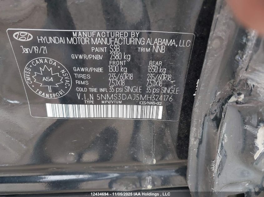 2021 Hyundai Santa Fe Sel VIN: 5NMS3DAJ5MH324176 Lot: 12434694