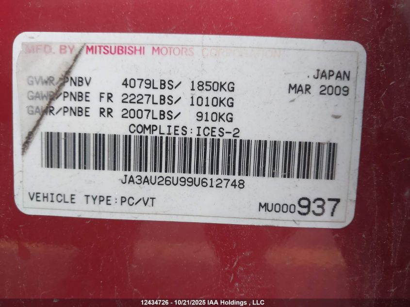 2009 Mitsubishi Lancer VIN: JA3AU26U99U612748 Lot: 12434726