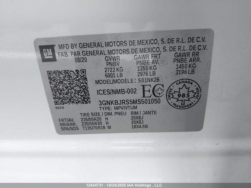 2021 Chevrolet Blazer VIN: 3GNKBJRS5MS501050 Lot: 12434731